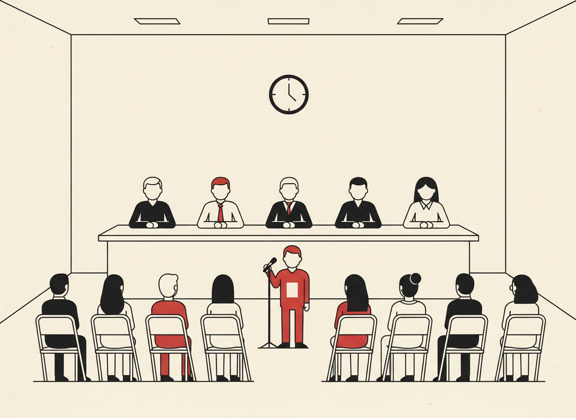 Illustration of a town planning board facing rows of residents, one resident speaking at a microphone