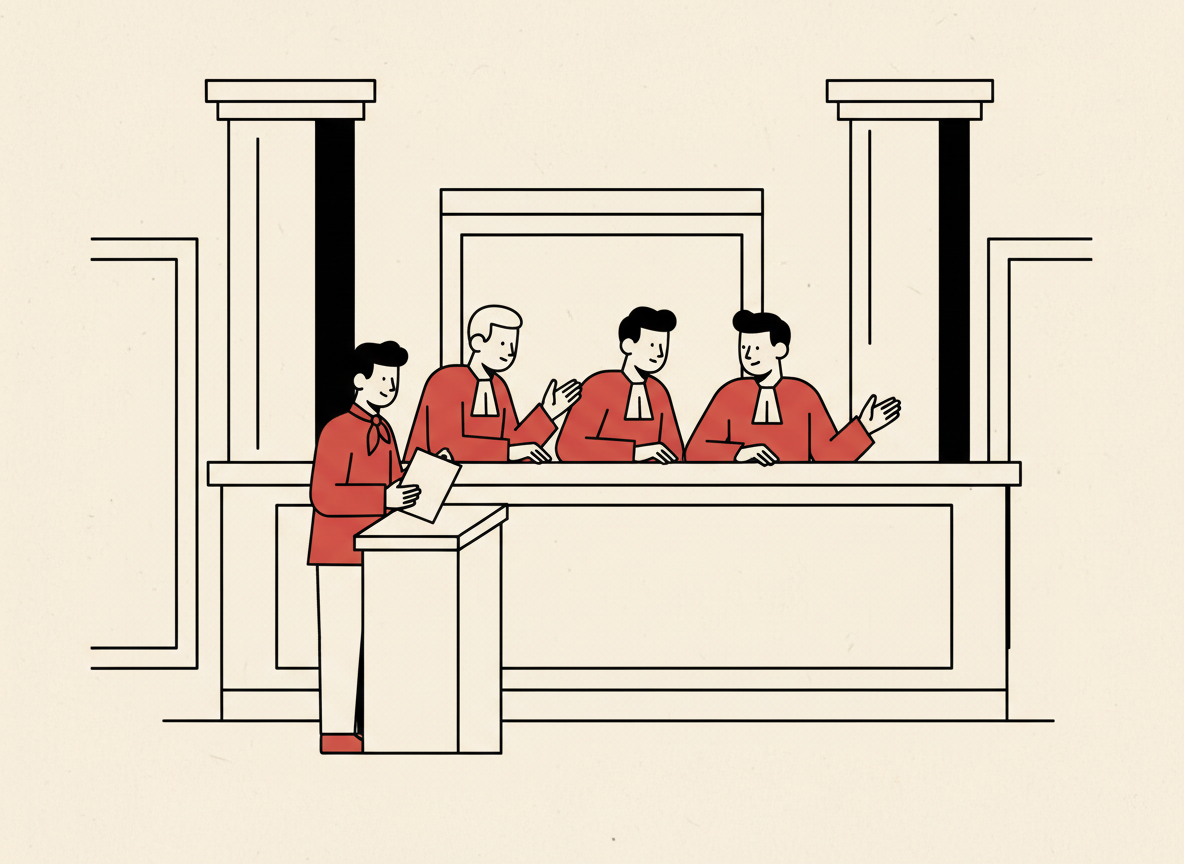 Illustration of three student judges on a raised bench questioning an advocate at a lectern