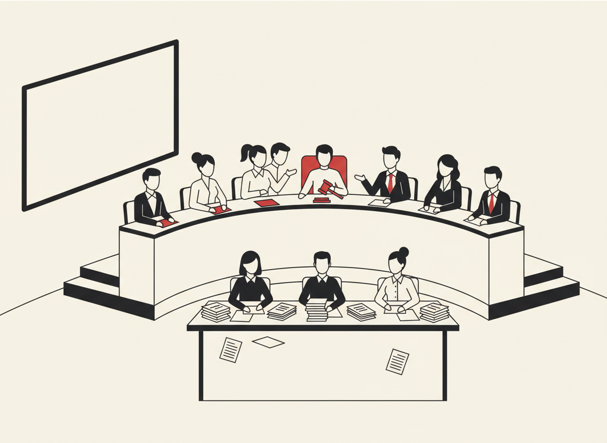 Illustration of students seated behind a curved committee dais with staff at a table in front