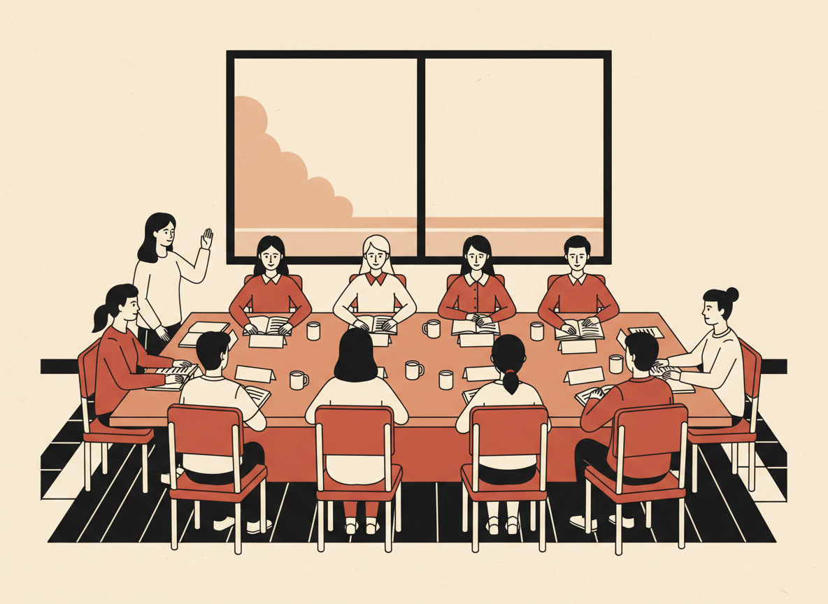 Illustration of students seated around a long table with name placards, one standing to be recognized