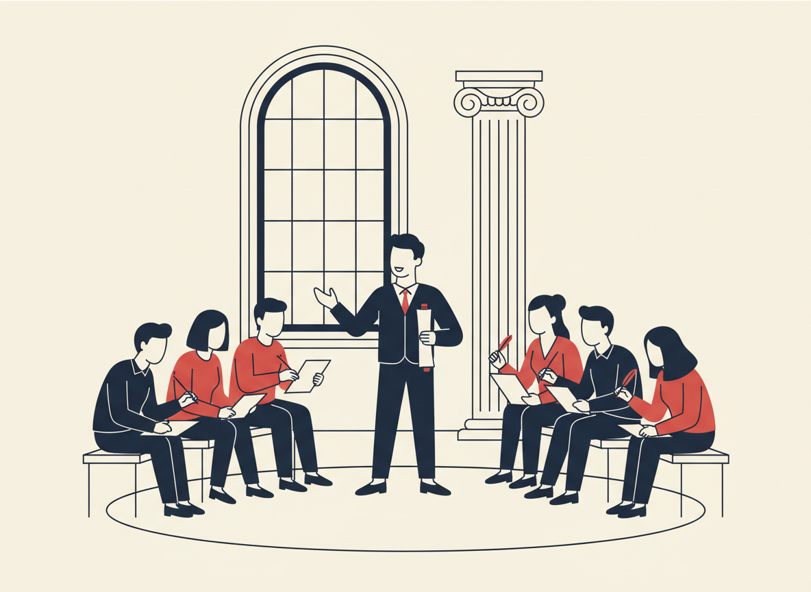 Illustration of a student holding an unrolled scroll addressing a seated semicircle of classmates in a historical chamber