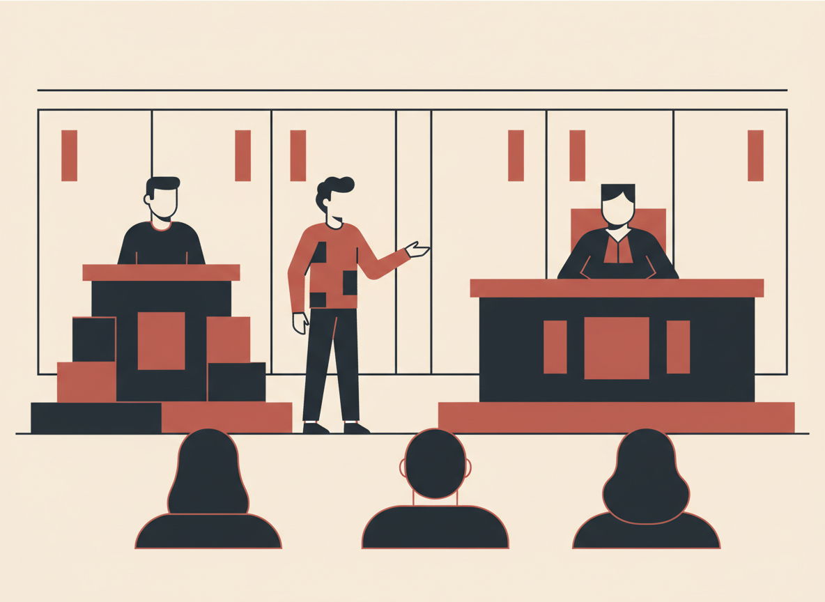 Illustration of a courtroom with a witness in the box and a student standing mid-question