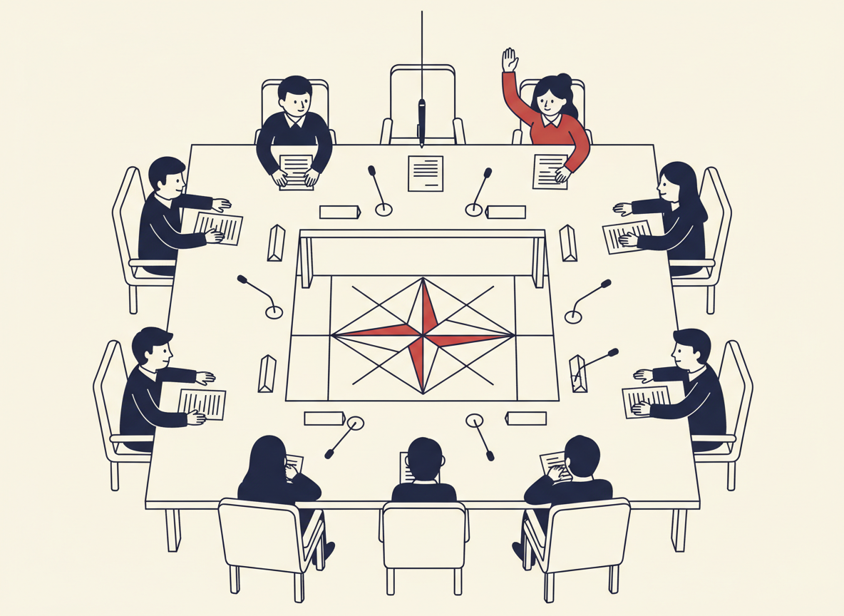 Illustration of students around a square council table with name placards, one raising a hand to object while the others turn toward her