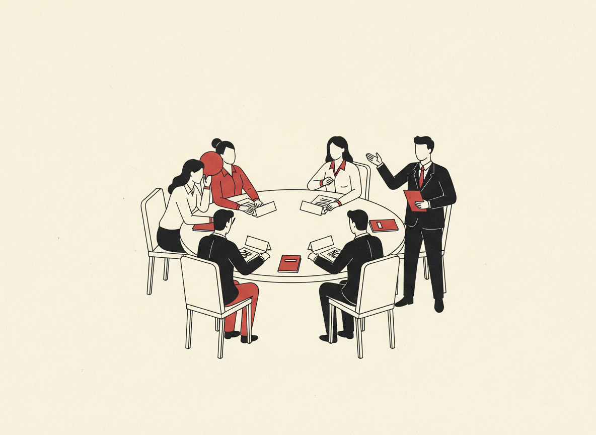 Illustration of students negotiating around a round table, two leaning together in a side conversation