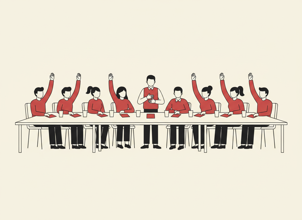 Illustration of an assembly taking a recorded vote, several hands raised while a chair counts